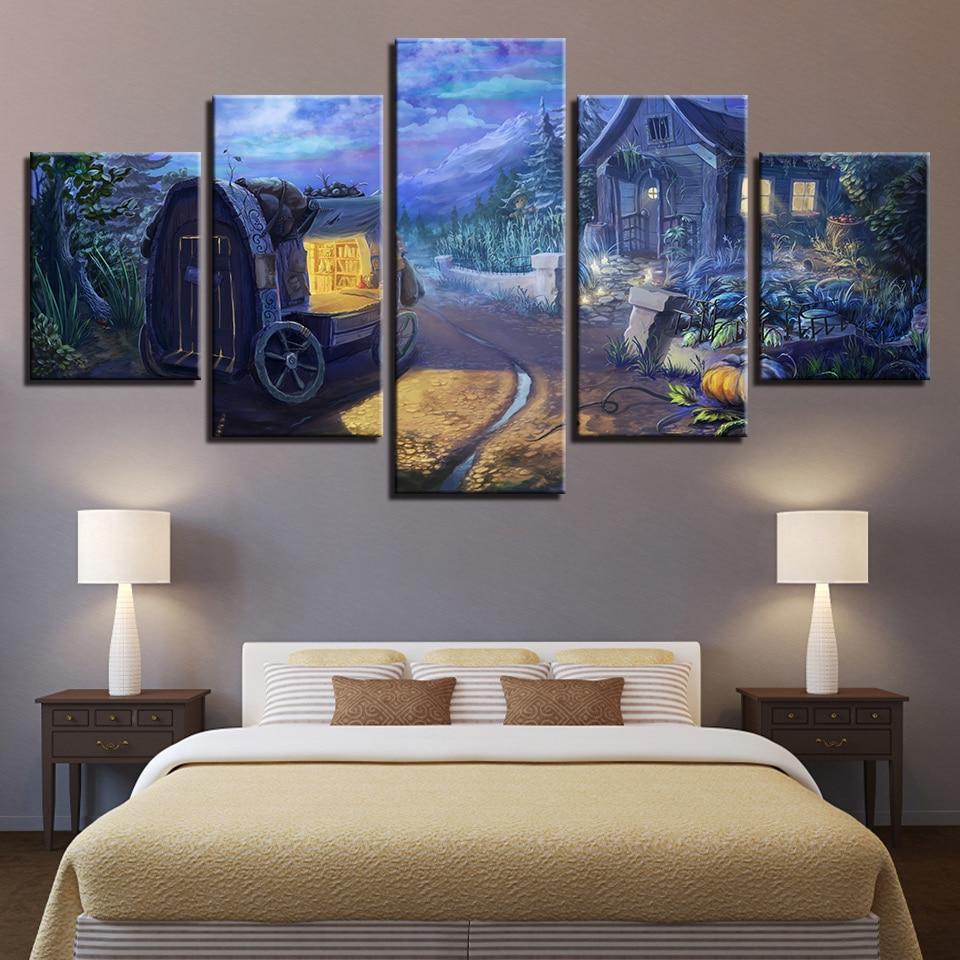 Carriage Wooden House Pumpkin Night - Nature 5 Panel Canvas Art Wall Decor Carriage Wooden House Pumpkin Night - Nature 5 Panel Canvas Art Wall Decor