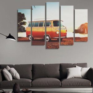 Cars Parked On The Beach - Automative 5 Panel Canvas Art Wall Decor