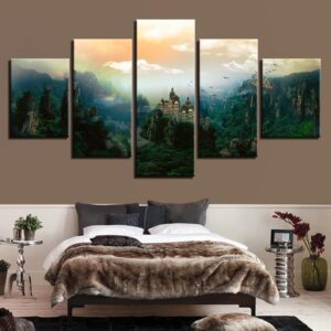 Castle And Green Mountain - Nature 5 Panel Canvas Art Wall Decor