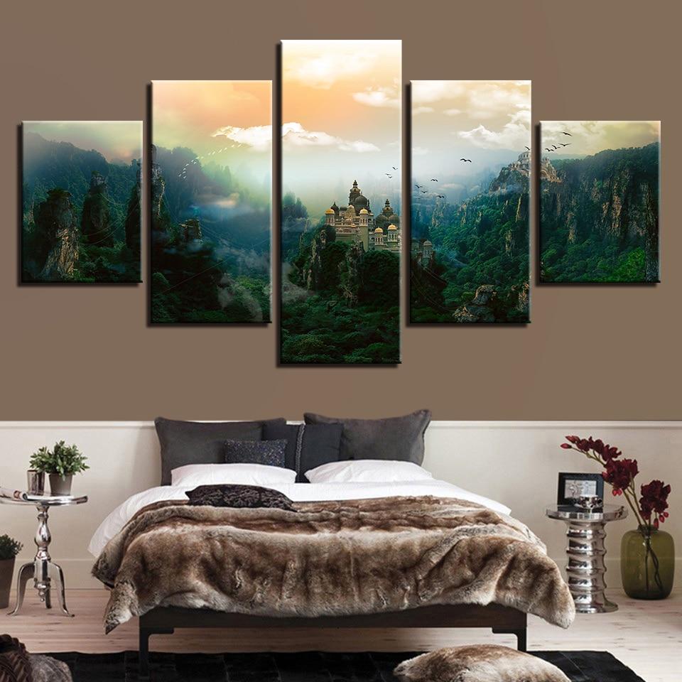 Castle And Green Mountain - Nature 5 Panel Canvas Art Wall Decor Castle And Green Mountain - Nature 5 Panel Canvas Art Wall Decor
