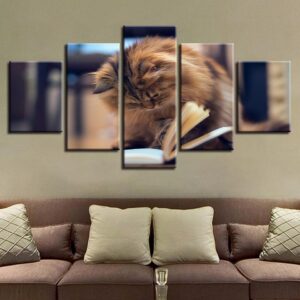 Cats Are Reading Book - Animal 5 Panel Canvas Art Wall Decor