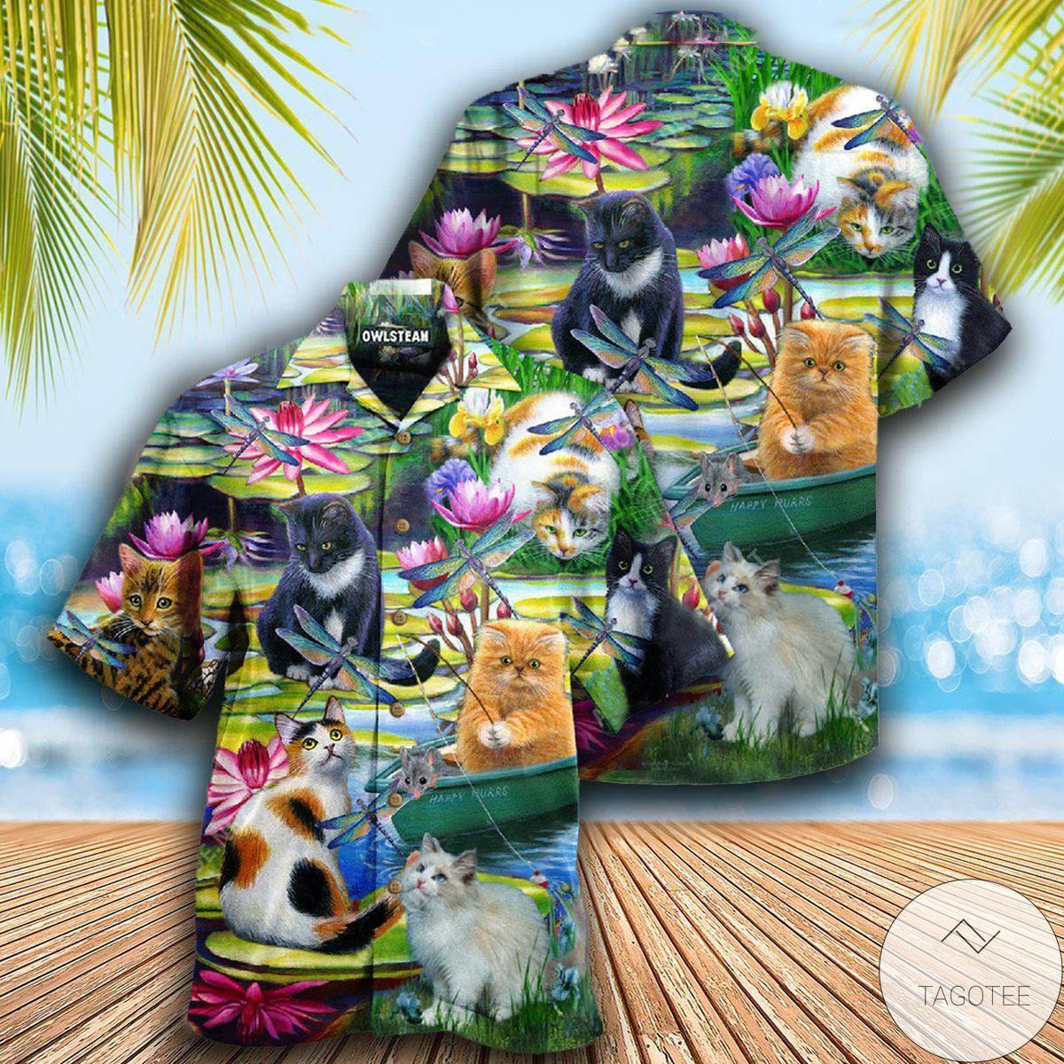 Cats Curious In A Water Lily Lake Hawaiian Shirt Cats Curious In A Water Lily Lake Hawaiian Shirt