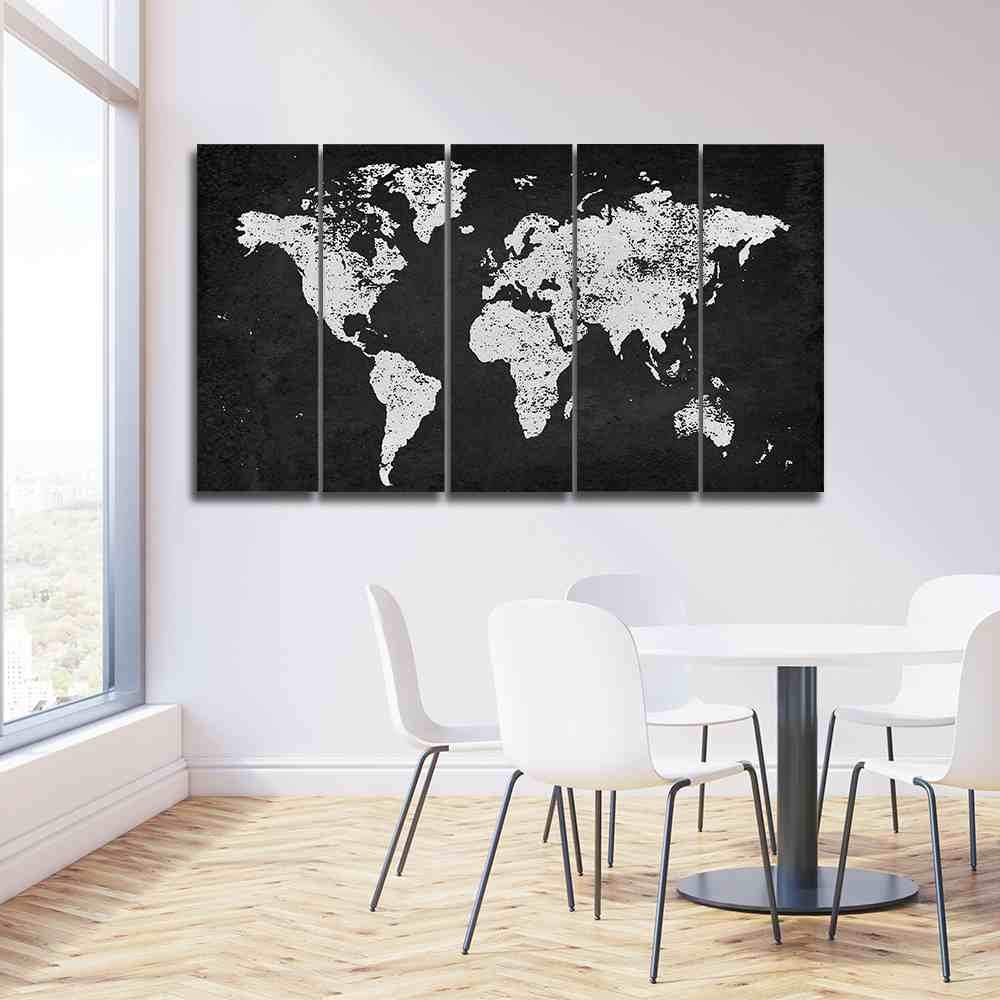 Charcoal And Silver World Map - World Map 5 Panel Canvas Art Wall Decor Charcoal And Silver World Map - World Map 5 Panel Canvas Art Wall Decor