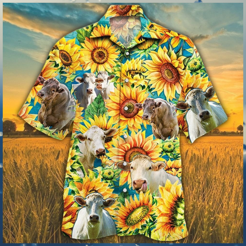 Charolais Cattle Sunflower Hawaiian Shirt Charolais Cattle Sunflower Hawaiian Shirt