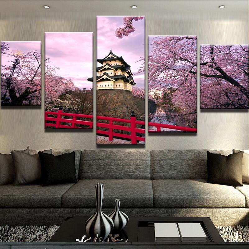 Cherry Blossom Japan - Nature 5 Panel Canvas Art Wall Decor Cherry Blossom Japan - Nature 5 Panel Canvas Art Wall Decor