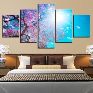 Cherry Blossoms Under A Blue Sky - Nature 5 Panel Canvas Art Wall Decor