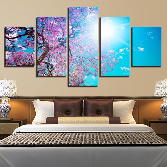 Cherry Blossoms Under A Blue Sky - Nature 5 Panel Canvas Art Wall Decor Cherry Blossoms Under A Blue Sky - Nature 5 Panel Canvas Art Wall Decor