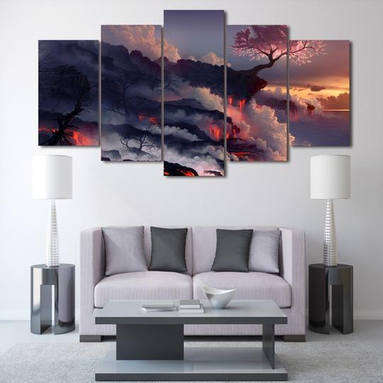 Cherry Tree In Bloom Over Volcano Lava - Nature 5 Panel Canvas Art Wall Decor Cherry Tree In Bloom Over Volcano Lava - Nature 5 Panel Canvas Art Wall Decor