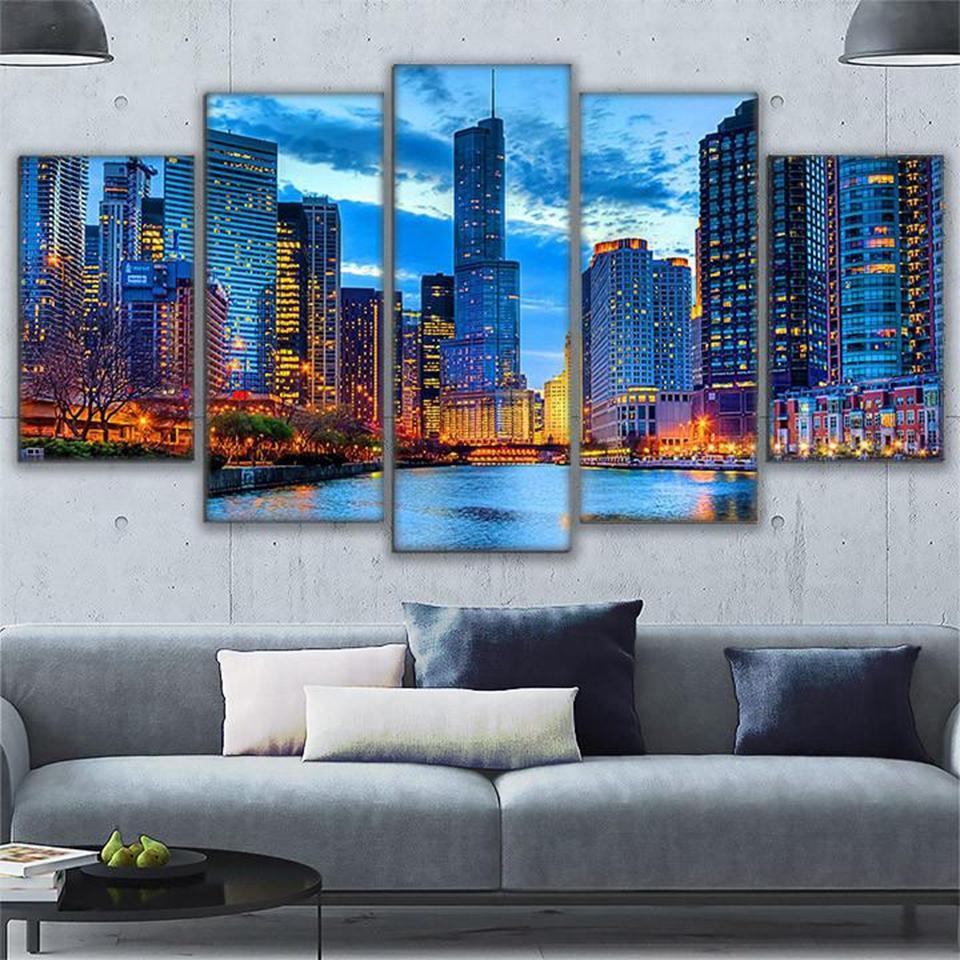 Chicago City Night View - Nature 5 Panel Canvas Art Wall Decor Chicago City Night View - Nature 5 Panel Canvas Art Wall Decor