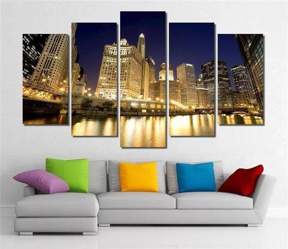 Chicago Cityscape Mural - Nature 5 Panel Canvas Art Wall Decor Chicago Cityscape Mural - Nature 5 Panel Canvas Art Wall Decor