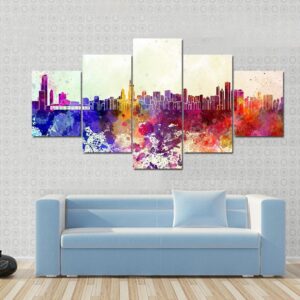 Chicago Skyline In Watercolor - Abstract Nature 5 Panel Canvas Art Wall Decor