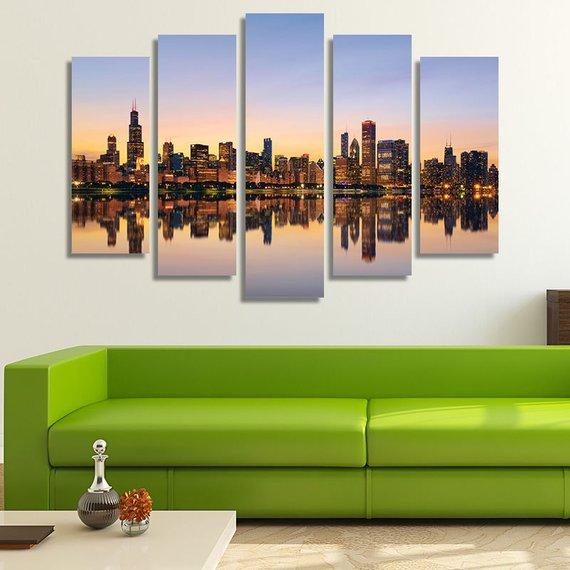 Chicago The Windy City Skyline At Sunset - Nature 5 Panel Canvas Art Wall Decor Chicago The Windy City Skyline At Sunset - Nature 5 Panel Canvas Art Wall Decor