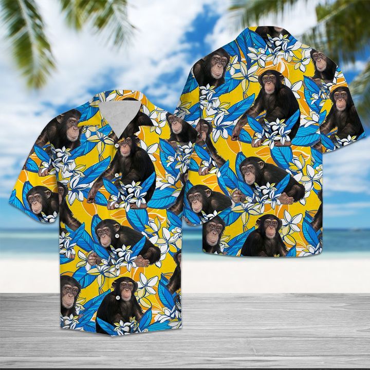 Chimpanzee Plumeria Flowers Hawaiian Shirt Summer Button Up Chimpanzee Plumeria Flowers Hawaiian Shirt Summer Button Up