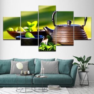 China Pot And Green Tea Leaf - Nature 5 Panel Canvas Art Wall Decor
