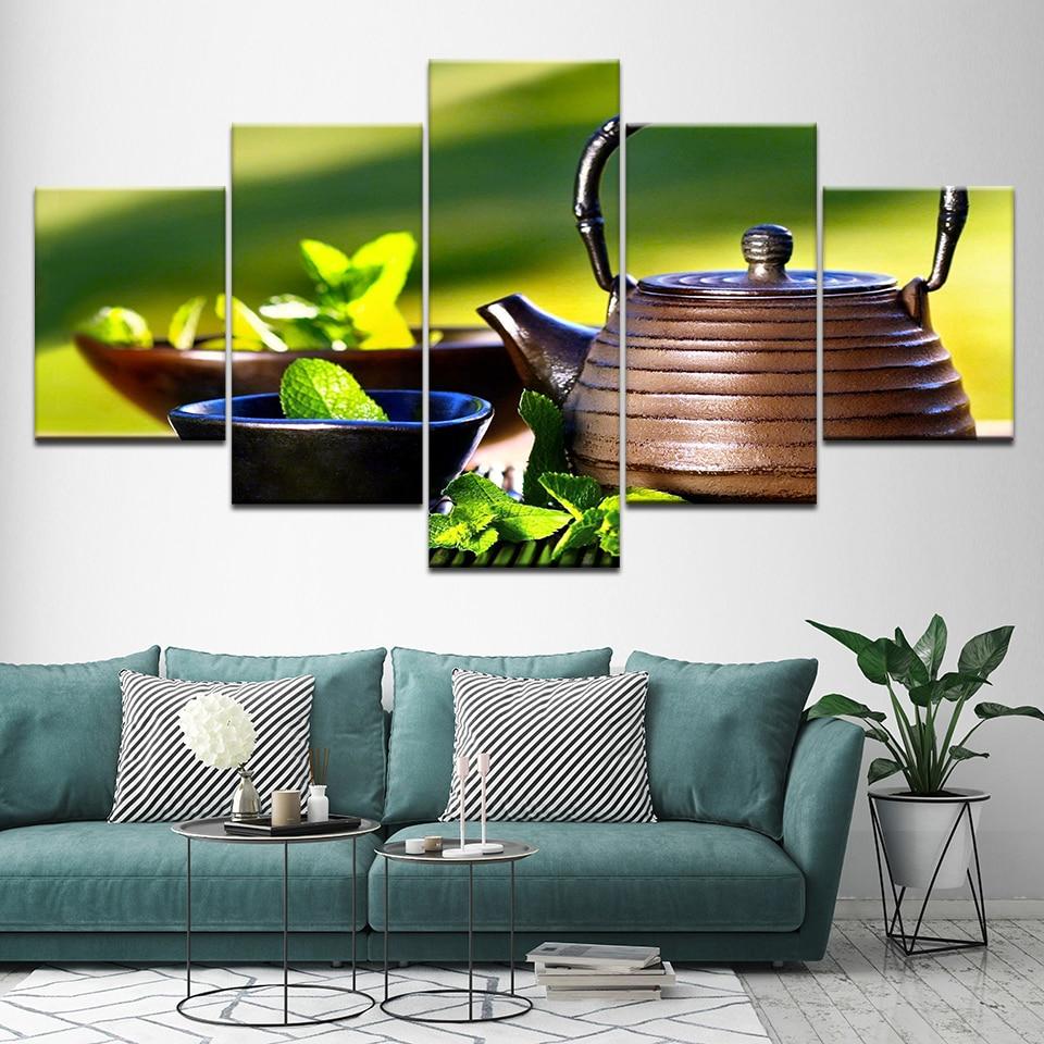 China Pot And Green Tea Leaf - Nature 5 Panel Canvas Art Wall Decor China Pot And Green Tea Leaf - Nature 5 Panel Canvas Art Wall Decor
