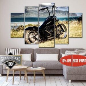 Chopper Black Old-Style Motorcycle - Automative 5 Panel Canvas Art Wall Decor