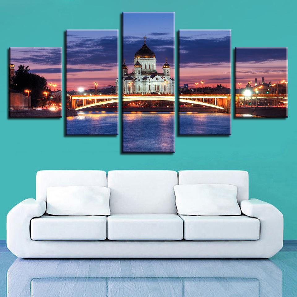 Christian Church And Bridge Night - Nature 5 Panel Canvas Art Wall Decor Christian Church And Bridge Night - Nature 5 Panel Canvas Art Wall Decor