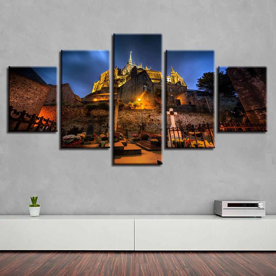 Christian Cross And Retro Gold Buildings - Nature 5 Panel Canvas Art Wall Decor Christian Cross And Retro Gold Buildings - Nature 5 Panel Canvas Art Wall Decor