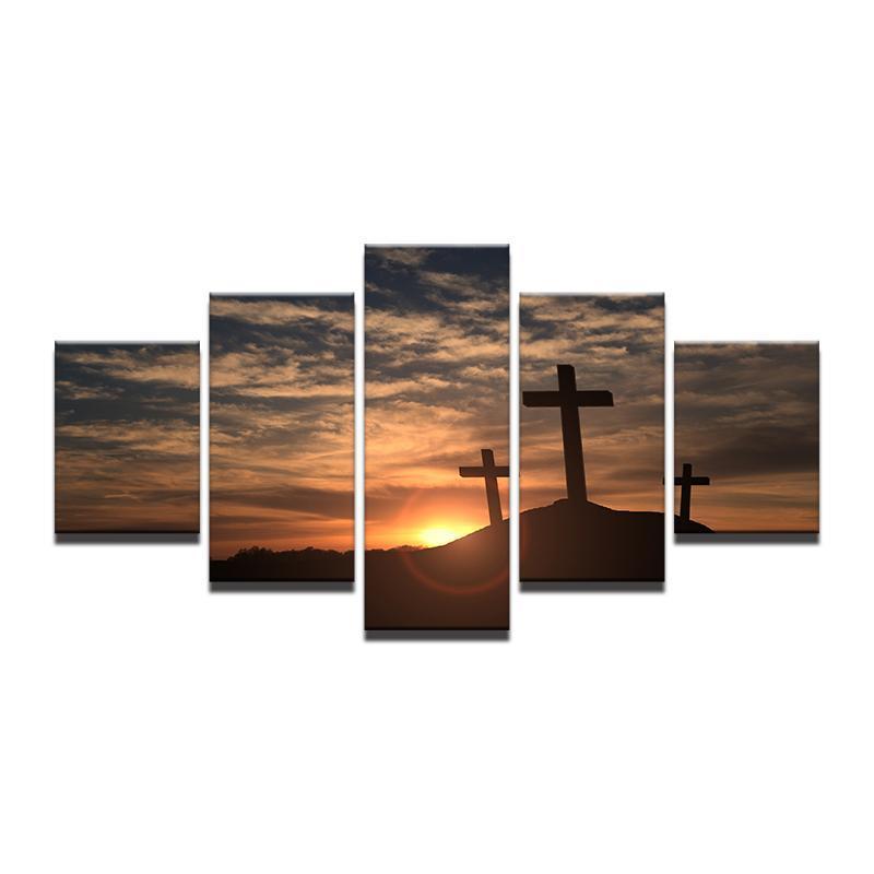 Christian Sunset Cross - Religion 5 Panel Canvas Art Wall Decor Christian Sunset Cross - Religion 5 Panel Canvas Art Wall Decor