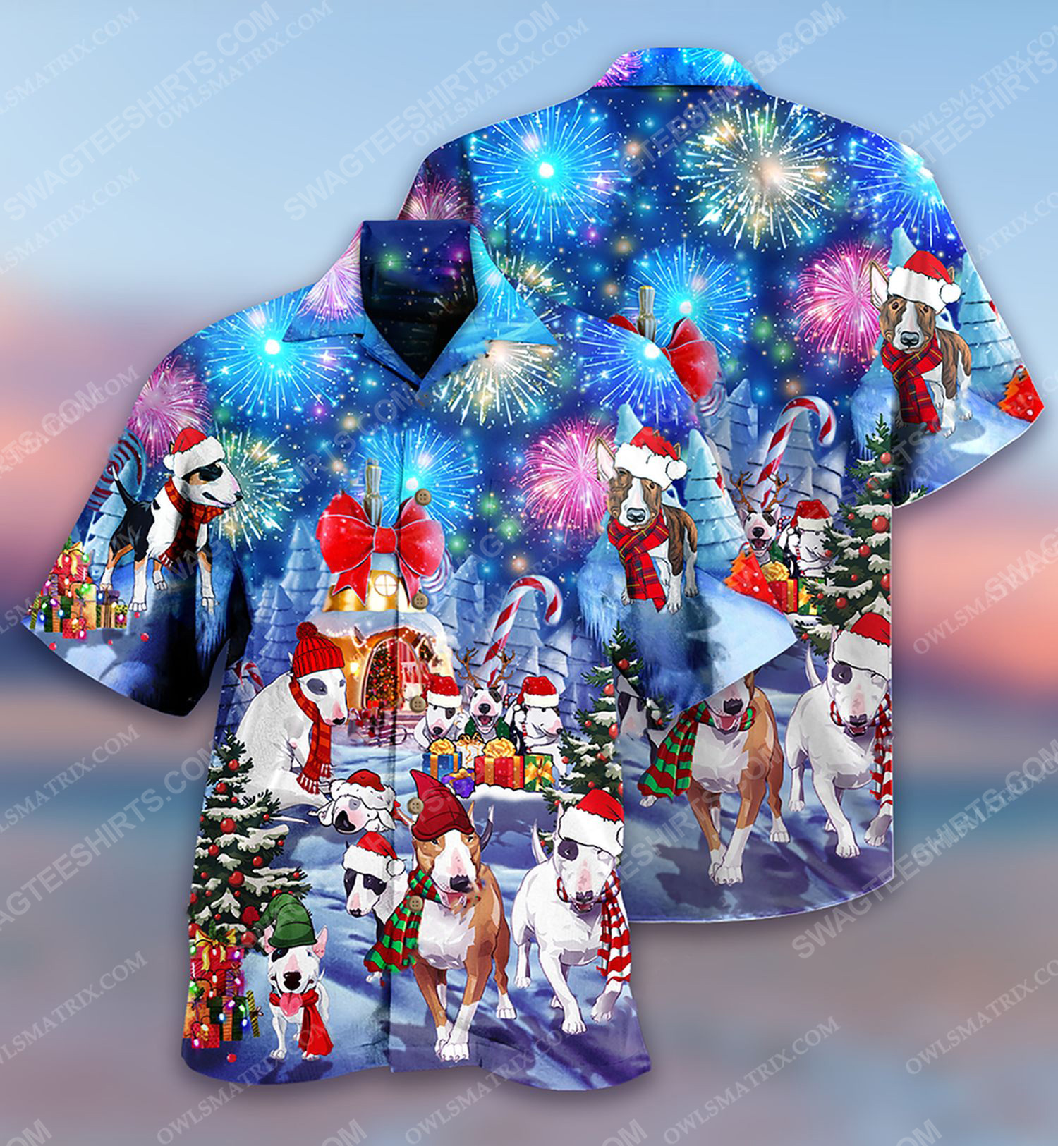 Christmas Holiday And Bull Terrier Dog Full Print Hawaiian Shirt Christmas Holiday And Bull Terrier Dog Full Print Hawaiian Shirt