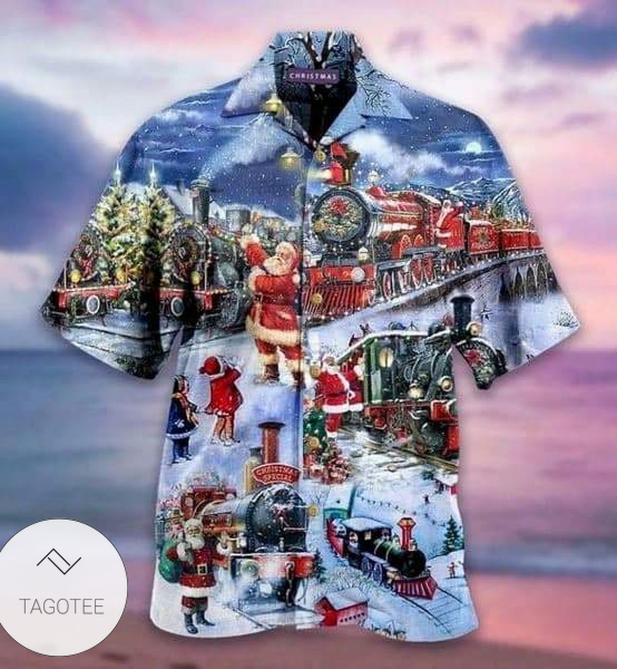 Christmas Santa And Train Happiness Hawaiian Shirt- Tagotee Christmas Santa And Train Happiness Hawaiian Shirt- Tagotee