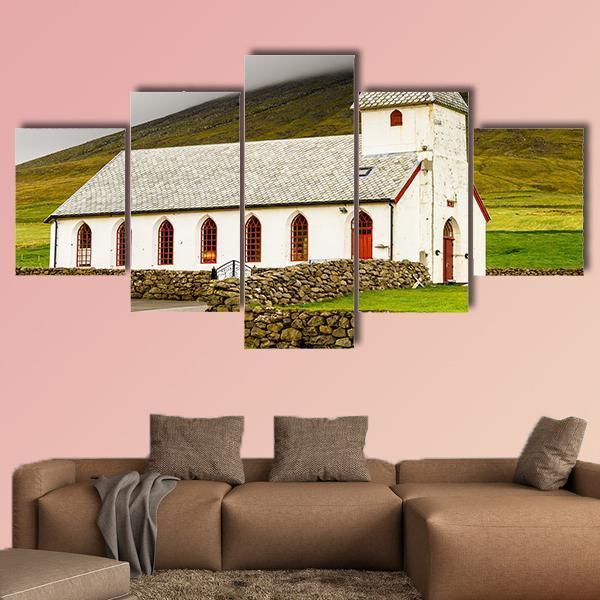 Church On Sandoy In Denmark - Nature 5 Panel Canvas Art Wall Decor Church On Sandoy In Denmark - Nature 5 Panel Canvas Art Wall Decor