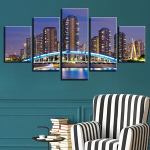 City Building Ablaze With Lights - Nature 5 Panel Canvas Art Wall Decor