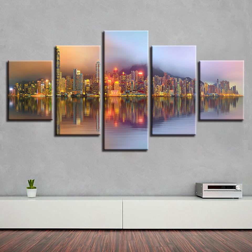 City Building And Riverside - Nature 5 Panel Canvas Art Wall Decor City Building And Riverside - Nature 5 Panel Canvas Art Wall Decor