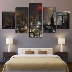 City Building Rain - Nature 5 Panel Canvas Art Wall Decor