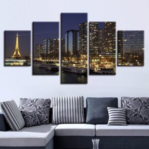 City Buildings Iron Tower And Ship Night View - Nature 5 Panel Canvas Art Wall Decor