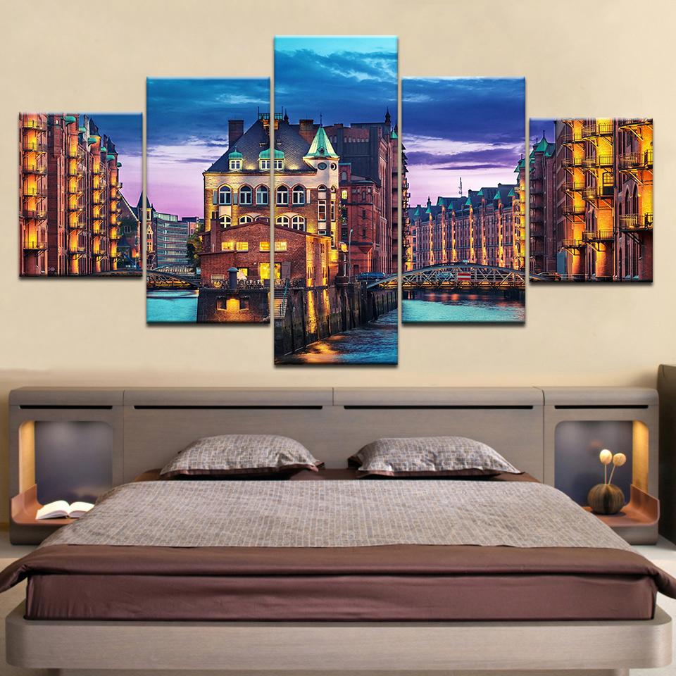 City Germany Hamburg Light Man Made Night - Nature 5 Panel Canvas Art Wall Decor City Germany Hamburg Light Man Made Night - Nature 5 Panel Canvas Art Wall Decor