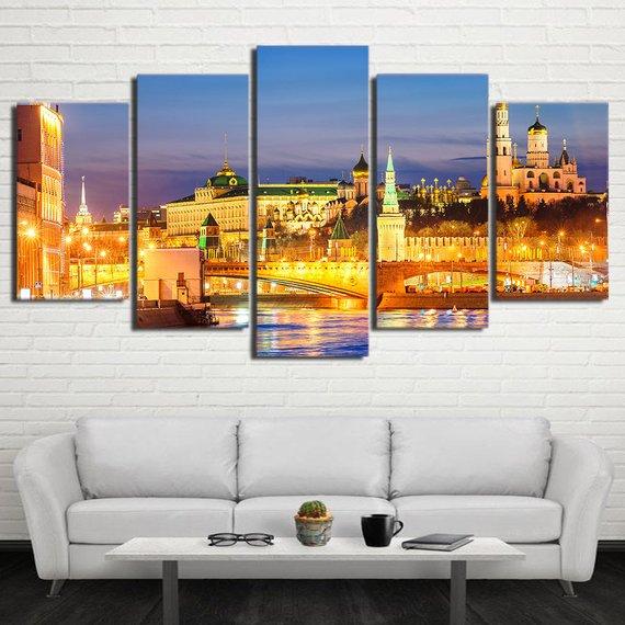 City Moscow At Night - Nature 5 Panel Canvas Art Wall Decor City Moscow At Night - Nature 5 Panel Canvas Art Wall Decor