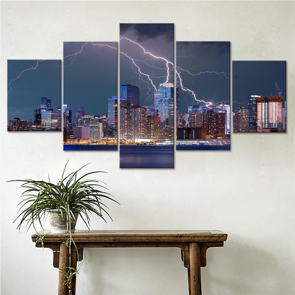 City Night Scene Lightning - Nature 5 Panel Canvas Art Wall Decor City Night Scene Lightning - Nature 5 Panel Canvas Art Wall Decor