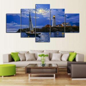 Clear Sailing Lighthouse 01 - Nature 5 Panel Canvas Art Wall Decor