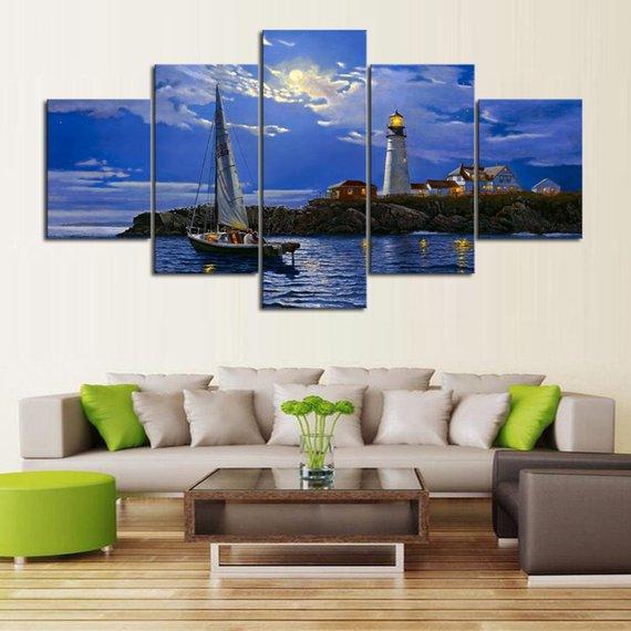 Clear Sailing Lighthouse 01 - Nature 5 Panel Canvas Art Wall Decor Clear Sailing Lighthouse 01 - Nature 5 Panel Canvas Art Wall Decor