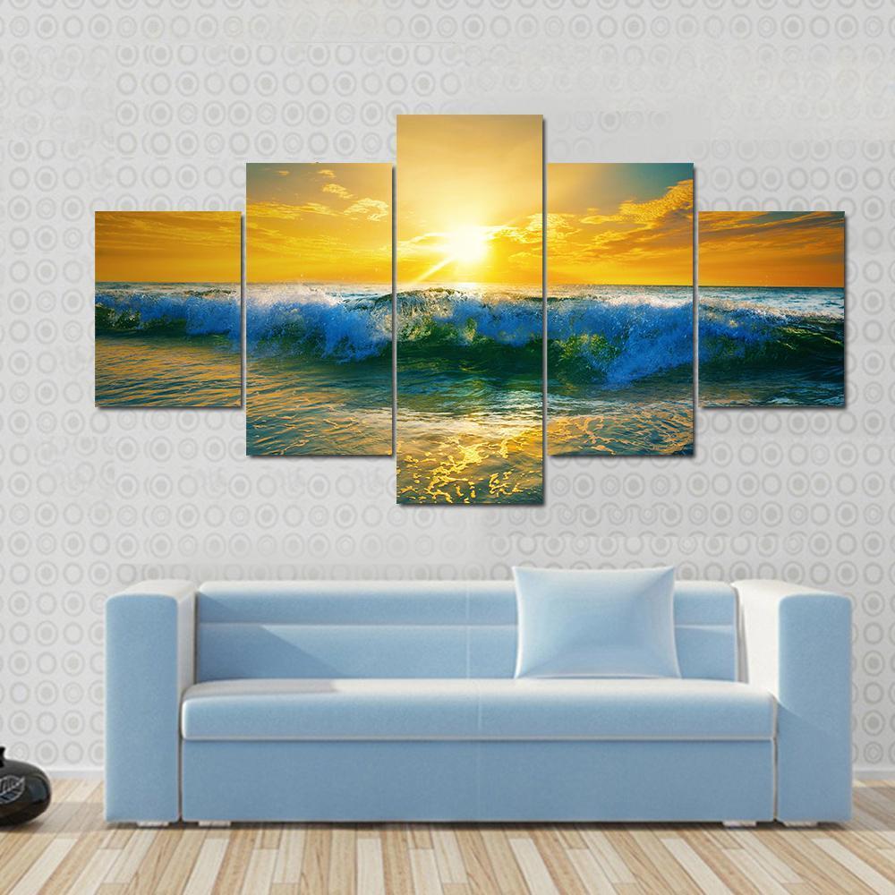 Close Up Of Ocean Waves At Sunrise - Nature 5 Panel Canvas Art Wall Decor Close Up Of Ocean Waves At Sunrise - Nature 5 Panel Canvas Art Wall Decor