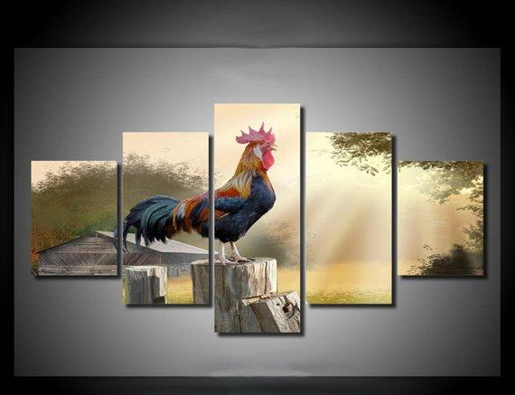 Cock At Dawn - Animal 5 Panel Canvas Art Wall Decor Cock At Dawn - Animal 5 Panel Canvas Art Wall Decor