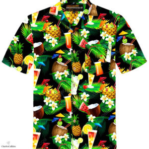 Cocktails Palm Coconut Tropical Fruits Summer Vacation Hawaiian Shirt