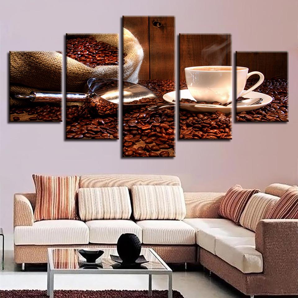Coffee And Coffee Beans 7 - Nature 5 Panel Canvas Art Wall Decor Coffee And Coffee Beans 7 - Nature 5 Panel Canvas Art Wall Decor