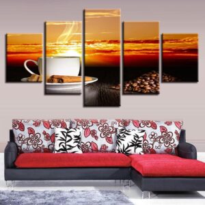Coffee Beans And Glass Cup Sunset Sunshine - Nature 5 Panel Canvas Art Wall Decor