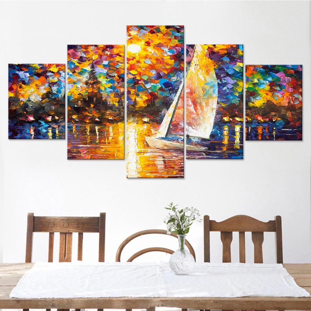 Color Sailboat Moon - Abstract 5 Panel Canvas Art Wall Decor Color Sailboat Moon - Abstract 5 Panel Canvas Art Wall Decor