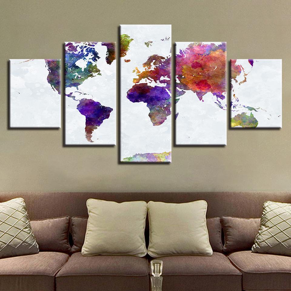 Colorful Abstract Graffiti World Map - Abstract 5 Panel Canvas Art Wall Decor Colorful Abstract Graffiti World Map - Abstract 5 Panel Canvas Art Wall Decor