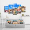 Colorful Building Houses Beyond Sea Grand City - Nature 5 Panel Canvas Art Wall Decor