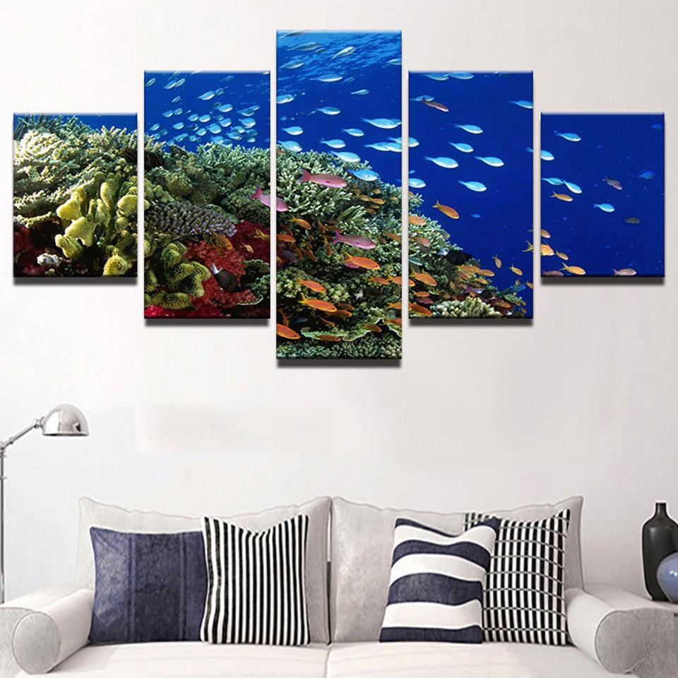 Colorful Fishes Group - Animal 5 Panel Canvas Art Wall Decor Colorful Fishes Group - Animal 5 Panel Canvas Art Wall Decor