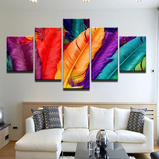 Colorful Rainbow Feathers - Nature 5 Panel Canvas Art Wall Decor Colorful Rainbow Feathers - Nature 5 Panel Canvas Art Wall Decor