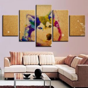 Colorful Wolf Husky - Animal 5 Panel Canvas Art Wall Decor