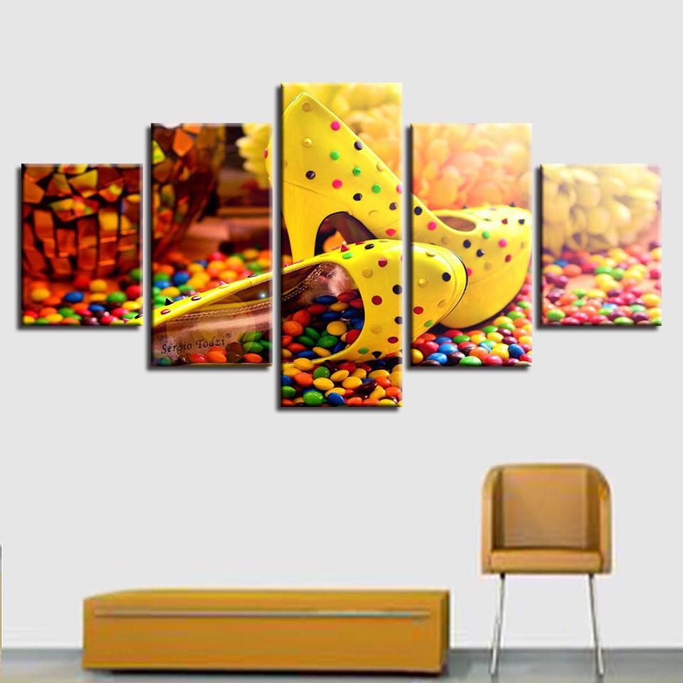 Coloured Candy Chocolate High Heels - Abstract 5 Panel Canvas Art Wall Decor Coloured Candy Chocolate High Heels - Abstract 5 Panel Canvas Art Wall Decor