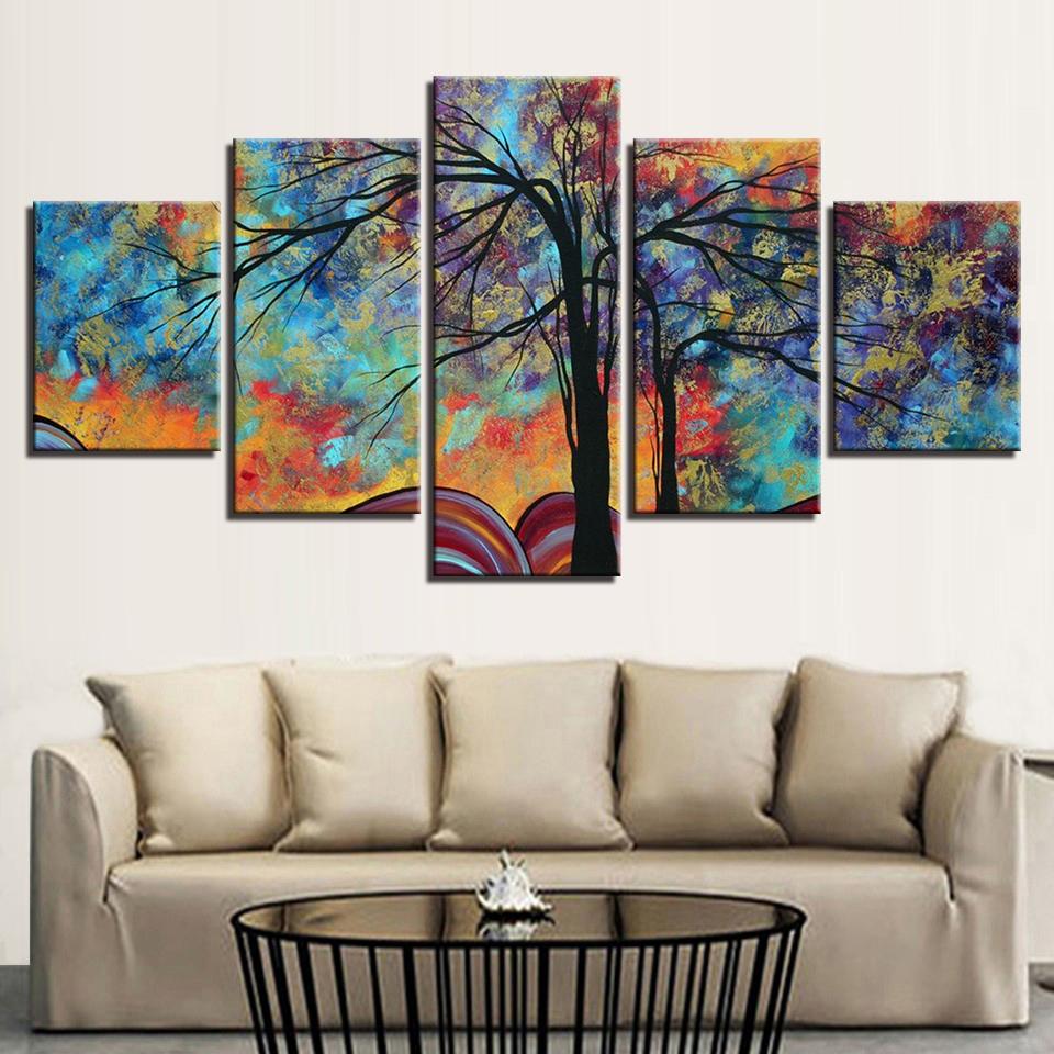 Colourful Trees Cartoon - Abstract 5 Panel Canvas Art Wall Decor Colourful Trees Cartoon - Abstract 5 Panel Canvas Art Wall Decor