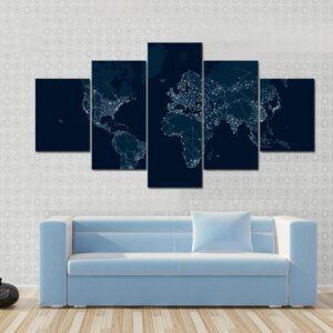 Communications Network Map Of The World - Abstract 5 Panel Canvas Art Wall Decor