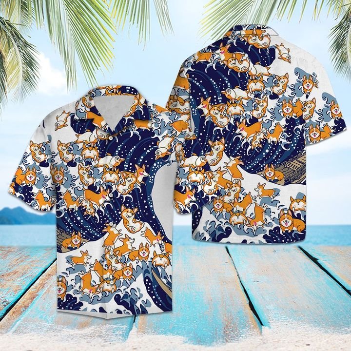 Corgi Waves Hawaiian Shirt Summer Button Up Corgi Waves Hawaiian Shirt Summer Button Up
